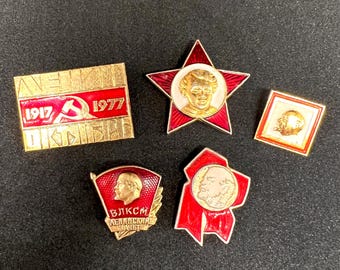 5x Soviet Lapel Pins USSR Vintage Enamel Communist Badges Vladimir Lenin October Revolution Insignia