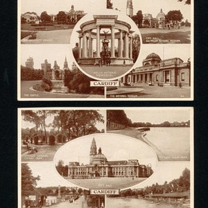 Cardiff Wales Paar Vintage RPPC Foto Postkarten Valentinstag & Söhne Juli 28 1946, StadtSzenen, Schloss, Nationalmuseum, University College,