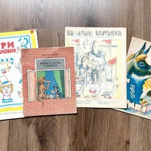 4 Russian Young Readers Books Bobik Visiting Barbos, About Top & About Type USSR