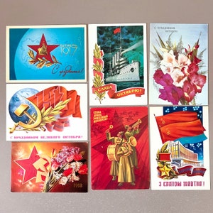 Oktoberrevolution - 7x Rote Postkarten Kommunismus 1973-1989 UDSSR Unused Hammer und Sichel Linienschiff Aurora