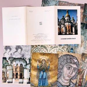 May include: An open book with the title "SOFIA KIIVSKA" and images of a cathedral and religious art. The book is surrounded by other images of religious art and architectural details, with a light pink background.