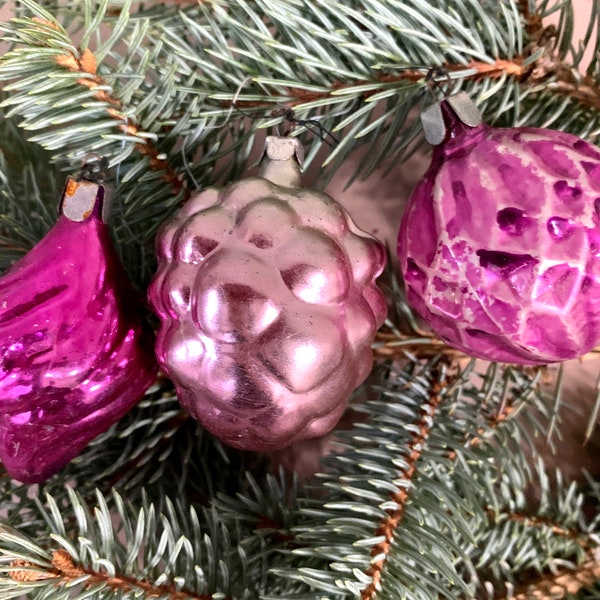 Set of 3 Soviet Vintage Glass Fruit Baubles - Nuts & Grapes Christmas Ornaments, Vintage S novym godom Decor, New Year Tree, Slavic Xmas