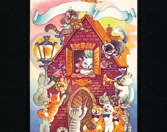 ヴィンテージ キャットセレナーデ ポストカード 1989年 ソ連 ロシア イラスト入り G Boyko 猫好きへのギフト ソ連印刷 未郵送 ロマンチックカード