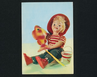 Vintage 1968 "What a Fish!" Boy Doll Postcard Soviet Collectible Fisherman Gift Card USSR Unposted Postcard E. Borisova & E. Askinazi