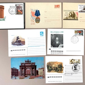 Radzieckie wydania pocztowe Filatelistyka Rzadki zestaw 6 kopert + 1 pocztówka Kolekcjonowanie znaczków Propaganda Komunistyczna Filatelistyka Prezent dla kolekcjonera znaczków