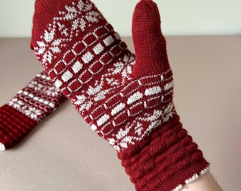 Manoplas de estilo nórdico Guantes de invierno Patrón de copo de nieve de punto Poly-Wool 1980 Rojo y blanco Mujeres, Niños, Unisex Ligeramente desgastado URSS