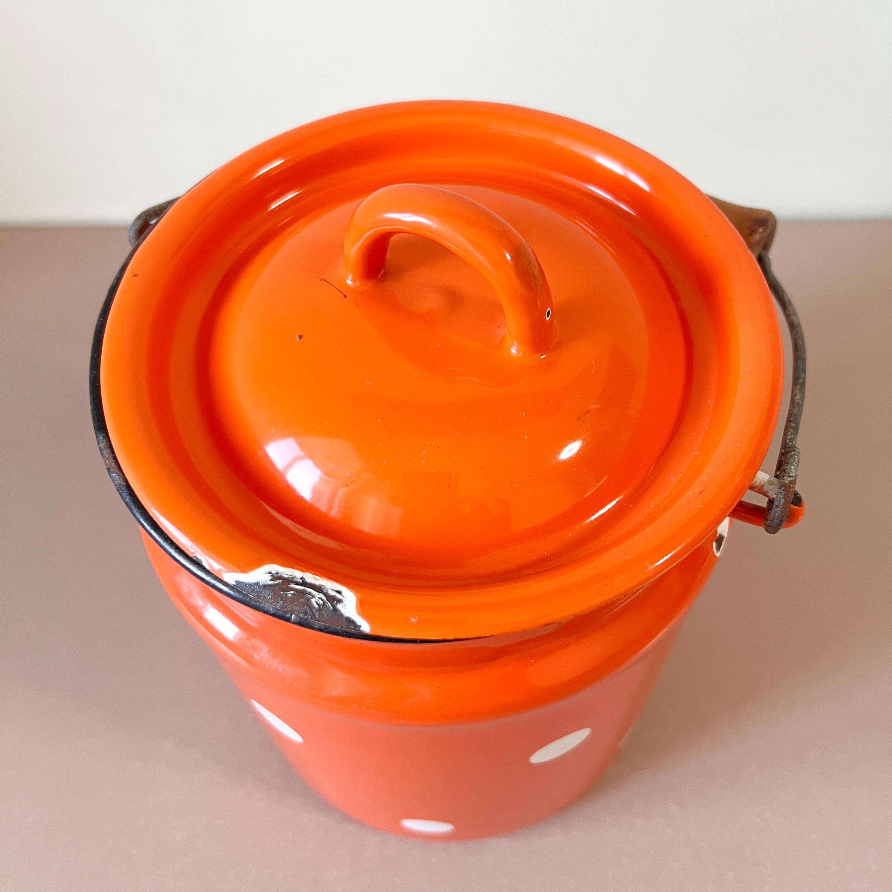 ヴィンテージ ソビエト エナメル ミルク缶 1970年代 オレンジ 水玉模様