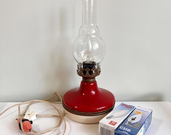 1975 Soviet Electric Kerosene Lamp, Vintage USSR Red Table Light, Rare Slavic Farmhouse Decor, Working Retro Hurricane Lamp, Brass & Glass