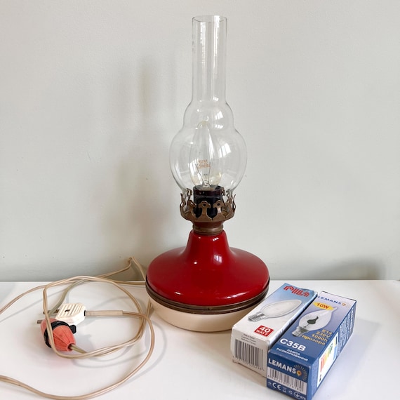 1975 Soviet Electric Kerosene Lamp, Vintage USSR Red Table Light, Rare Slavic Farmhouse Decor, Working Retro Hurricane Lamp, Brass & Glass