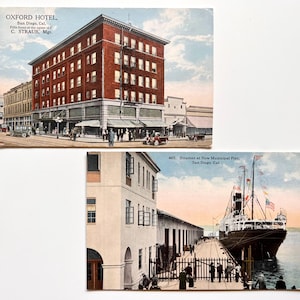 2x cartoline d'epoca Oxford Hotel, Steamer Municipal Pier, San Diego, Ephemera Scrapbooking Collezionabile Vintage Steamship Postcard