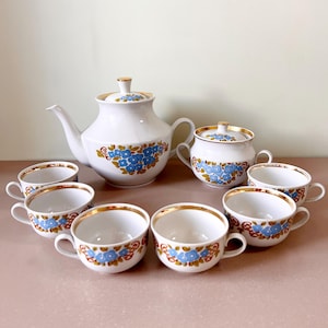 Large Ukrainian Tea Set 1.5L Porcelain Teapot Vintage Slavic Kitchenware Sugar Bowl + 6 Cups Unique Housewarming Gift Retro Tea Party Decor