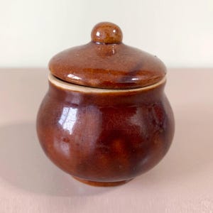 May include: A small, brown ceramic jar with a lid. The jar has a rounded body and a small knob on top of the lid. The glaze has a glossy finish. The jar is likely used for storing small items or as a decorative piece.