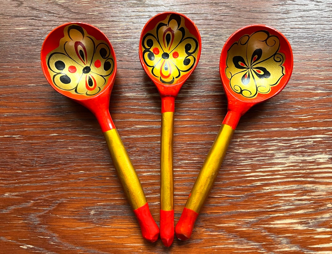 ヴィンテージ ホフロマ スプーン（3個セット）：手描きのソ連民芸品