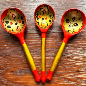Vintage Khokhloma Spoons (Set of 3): Hand-Painted USSR Folk Art Kitchenware