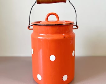ヴィンテージ ソビエト エナメル ミルク缶 1970年代 オレンジ 水玉模様