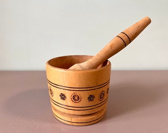 Mortar and Pestle - Decorative Wooden Spice and Herb Grinding Bowl Made in Ukraine, Burnished Slavic Folk Art Antique Kitchenware