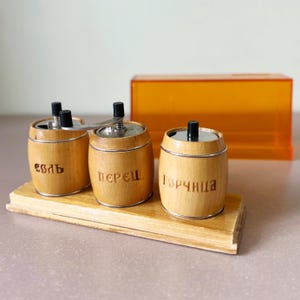 Condiment Set for Spices Soviet Vintage 1980s Salt Pepper Mustard Pot Rack Stand Wooden Barrels Decor