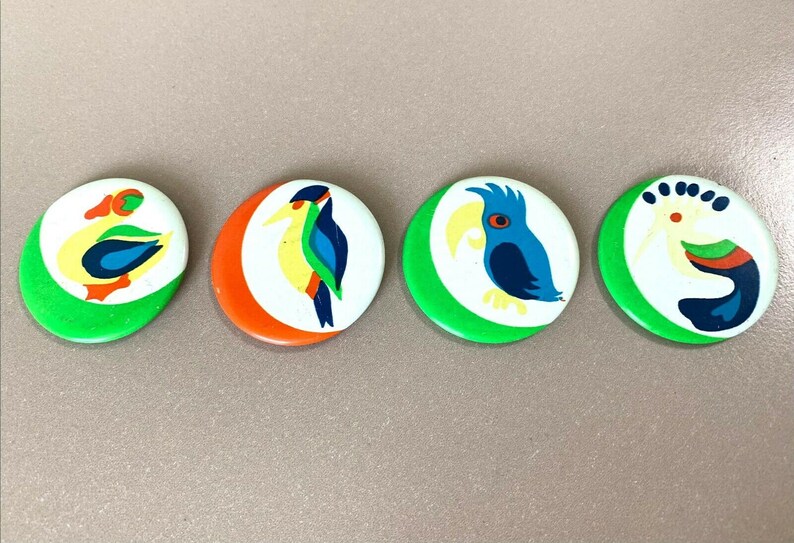Bird Art Tin Badges 4x Vintage Lapel Pins 1970s Soviet Estonian Factory Norma