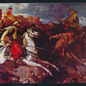 Bataille de Varna 1444 - Carte postale de réimpression d'art de Stanislaw Chlebowski, Turquie des années 1970 - Bulgarie islamique Histoire Peintures Chevaux Croisades
