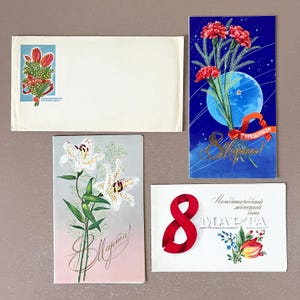 Lot de 3 cartes pliantes pour la fête de la femme soviétique, florale, URSS, 8 mars, cadeau pour la fête des mères