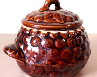 Pentola da arrosto vintage in ceramica ucraina con smalto a goccia marrone, stile sovietico/URSS, decorazione popolare.