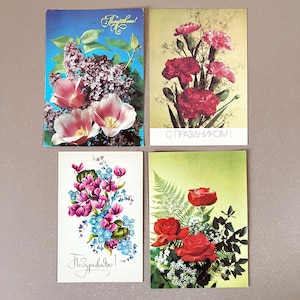 Lot de 4 cartes postales soviétiques pour la fête de la femme - Cartes de voeux florales URSS 8 mars, 1975-1991 Cadeau pour la Fête des Mères