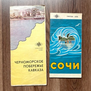 Paar sowjetische Touristenkarten der Schwarzmeerküste des Kaukasus + Sotschi 1975–76, zusammenklappbare Vintage-Touristenkartenbroschüre der UdSSR, Reise-CCCP