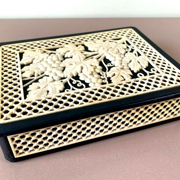 Exquisite Vintage Soviet Jewelry Box Elegant B&W Plastic Intricate Grape Leaves Motif Charming Stash Box Authentic USSR Casket