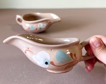 Pair of Vintage Ukrainian Ceramic Gravy Boats Floral Folk Art Pottery Hand-Crafted Soviet Sauceboat Set