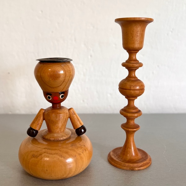 Genie + Column Pair of Wooden Candle Holder Souvenirs Czechoslovakian 1970s Tabletop Candlestick