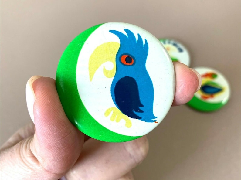 Bird Art Tin Badges 4x Vintage Lapel Pins 1970s Soviet Estonian Factory Norma