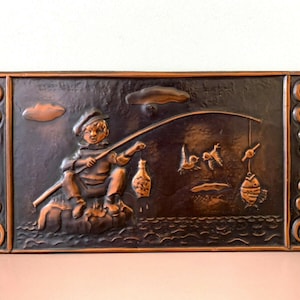 Vintage Copper Chekanka Wall Art: Boy Fishing Repousse Design