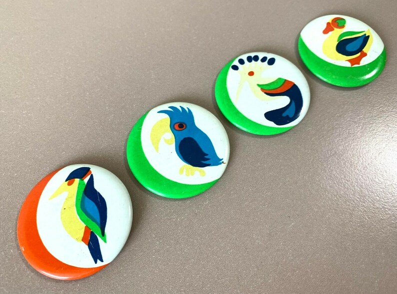 Bird Art Tin Badges 4x Vintage Lapel Pins 1970s Soviet Estonian Factory Norma