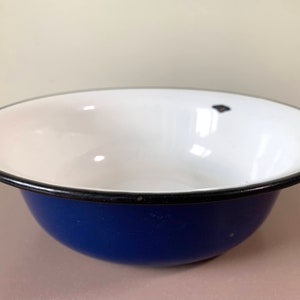 Vintage French Country Enamel Bowl: Blue, Black & White Kitchenalia