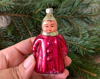 Soviet Vintage USSR Glass Christmas Ornament - Hand-Painted Baby Girl Pink Coat 1950s S novym godom New Year Tree Home Decor
