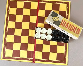 Checkers Set + Board USSR Шашки 1981 Soviet Vintage Draughts Original Table Board Game Cafe Games, Gift for Him, USSR Draughts