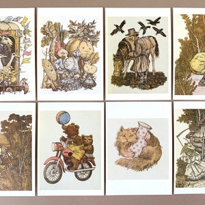 Vintage Cats in a Basket Postcard Set 16 illustrazioni di Rygor Borodulin dal libro per bambini bielorusso perfetto per Scrapbooking