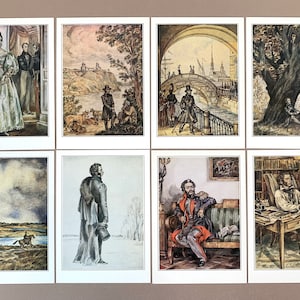 cartes d'art illustrées soviétiques vintage : 32 cartes postales ensemble de dessins d'art d'Alexandre Pouchkine - Пушкин soviétique - URSS 1987