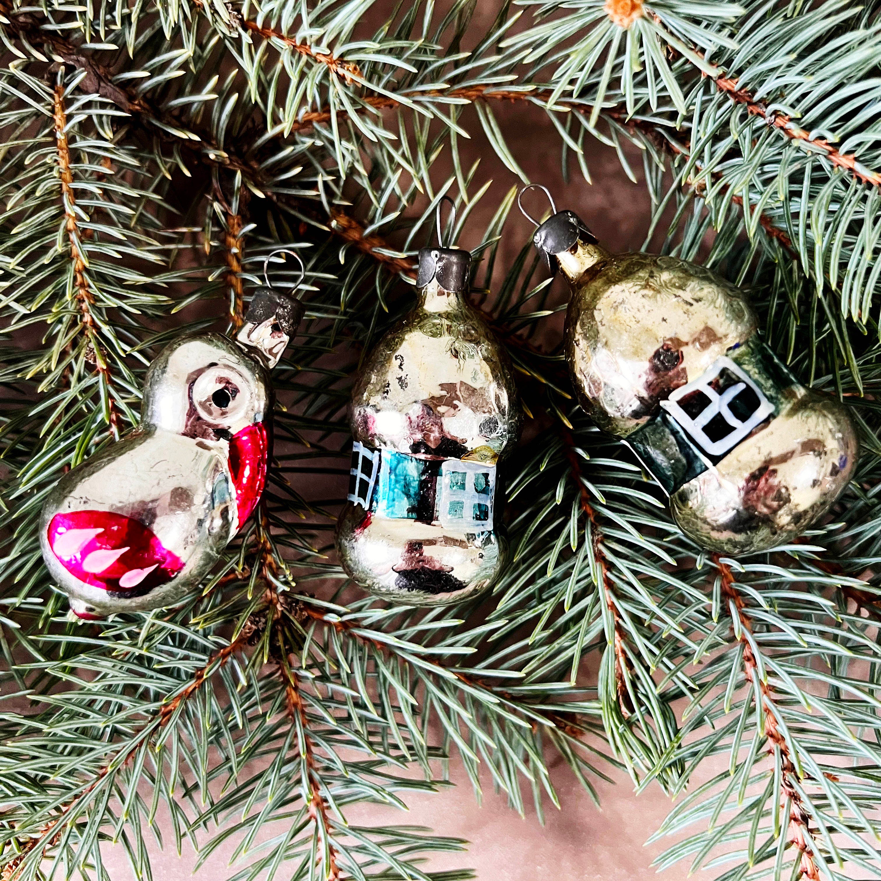 3 Cute Ornaments Bird + Houses Vintage Soviet Painted Glass New Year Tree Bauble USSR Holiday Decor New Year Tree Soviet Christmas