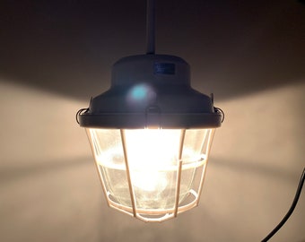 Vintage Czechoslovakian Industrial Pendant Light: White Enamel & Cast Aluminum