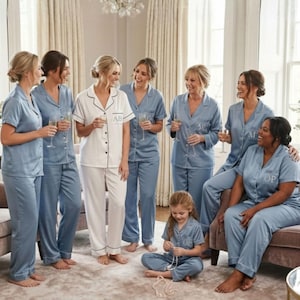 Bridesmaid Pajamas -  Long Pant Short Sleeve Set - Versatile Bridal Party Gift in Breathable satin - Bridesmaid Gifts