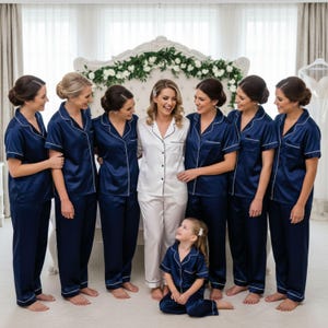 Bridesmaid Pajamas - Long Pant Short Sleeve Set - Versatile Bridal Party Gift in Breathable satin - Bridesmaid Gifts Navy Blue
