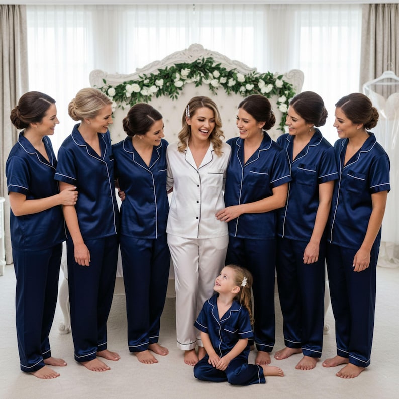 Bridesmaid Pajamas - Long Pant Short Sleeve Set - Versatile Bridal Party Gift in Breathable satin - Bridesmaid Gifts Navy Blue