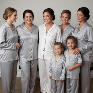 Long Pant Short Sleeve Set - Bridesmaid Pajamas - Versatile Bridal Party Gift in Breathable Satin - Bridesmaid Gifts - Burgundy Pjs Grey