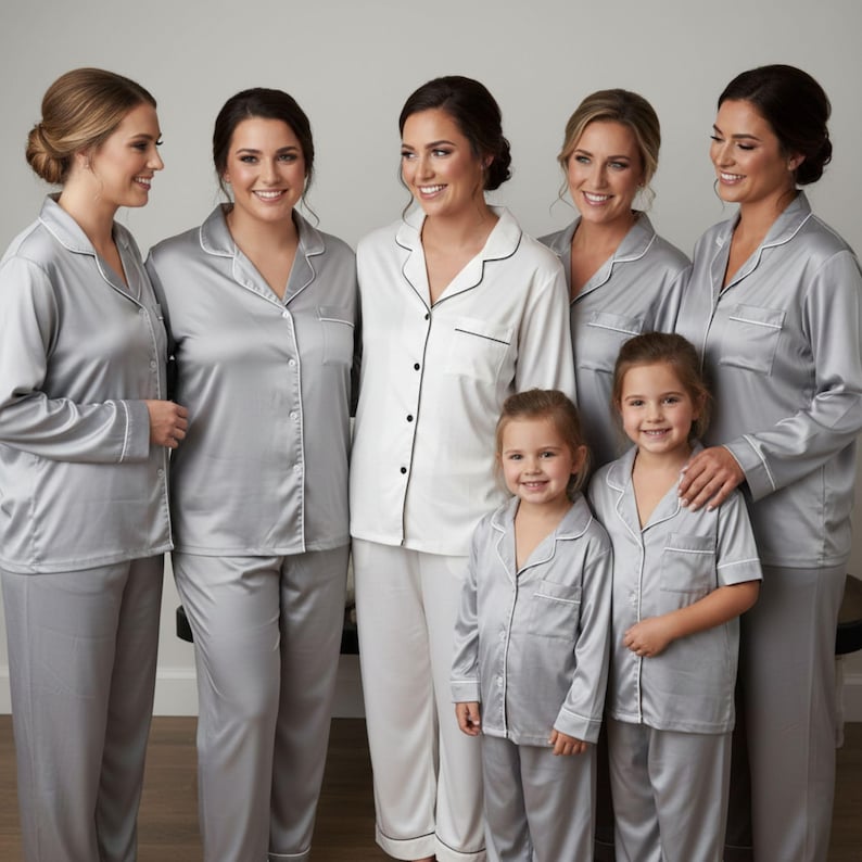 Long Pant Short Sleeve Set - Bridesmaid Pajamas - Versatile Bridal Party Gift in Breathable Satin - Bridesmaid Gifts - Burgundy Pjs Grey
