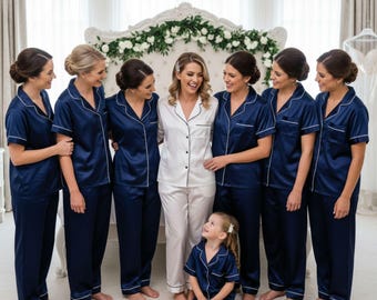 Navy Blue Bridesmaid Pajamas Long Pant Set,Satin Bridal Party Pjs,Bridesmaid Getting Ready Outfit,Bachelorette Party Gift,Wedding Morning