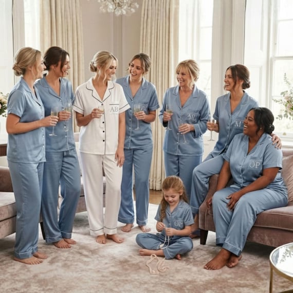 Bridesmaid Pajamas -  Long Pant Short Sleeve Set - Versatile Bridal Party Gift in Breathable satin - Bridesmaid Gifts