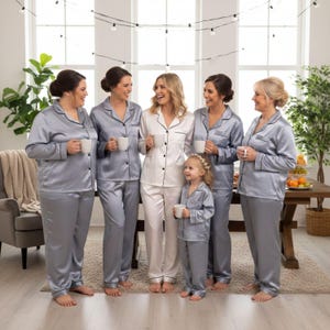 Bridesmaid Pajamas - Long Pant Short Sleeve Set - Versatile Bridal Party Gift in Breathable satin - Bridesmaid Gifts Grey