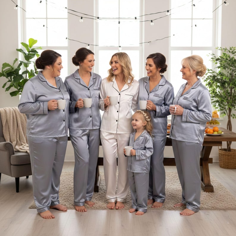 Bridesmaid Pajamas - Long Pant Short Sleeve Set - Versatile Bridal Party Gift in Breathable satin - Bridesmaid Gifts Grey