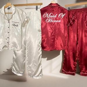 Bridesmaid Pajamas - Long Pant Short Sleeve Set - Versatile Bridal Party Gift in Breathable satin - Bridesmaid Gifts Burgundy